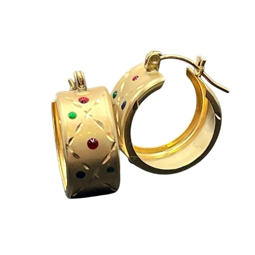 JN 14k Yellow Gold Wide Jewel Color Enamel Dot X Design Diamond Hoop Earring 2.5